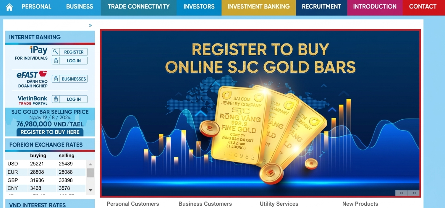Mua vàng online khi truy cập vào ứng dụng VietinBank